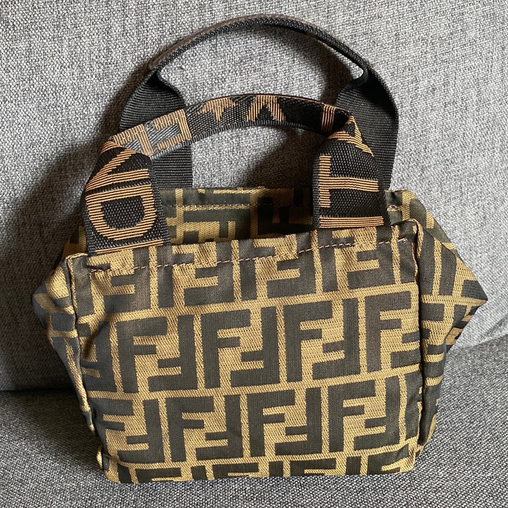 Authentic Fendi Zucca Monogram Canvas Handbag with Leather Detail